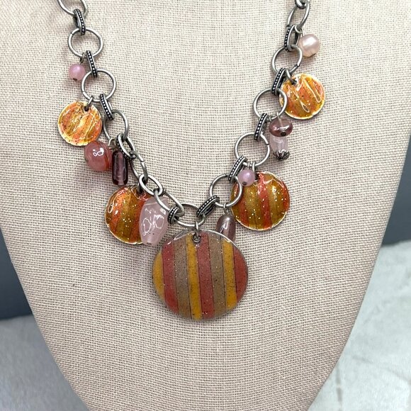 Avenue Chunky Dangle Necklace Silver Tone Orange Yellow Pink Beaded Link Chain - Picture 3 of 7